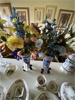 Pair Blue Decorative Vases 14"H w/Flowers