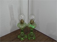 Green glass oil lamps 2 in total only 1 shade