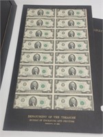 Sheet Uncut Two Dollar Bills Bank Star Notes USA