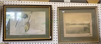 Two framed prints - woman with an instrument and