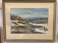 Large framed original beach watercolor with a