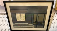 Framed house design print with a signature mark