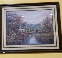 Large print of a cottage scene with a bridge