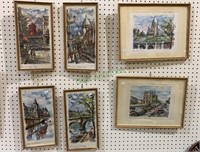 Set of six prints of scenes around Paris, France,