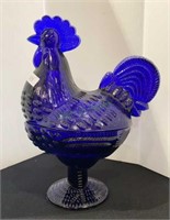 Cobalt blue rooster candy dish 9 inches tall by