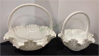 Fenton style milk glass basket fruit bowls