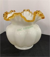 Fenton crest vase with amber colored ruffled