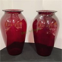 One pair of ruby colored glass vases 9 inches