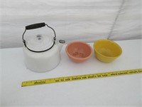 Porcelain teapot, (2) country bowls
