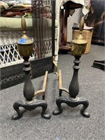 Vtg. Brass & Wrought Iron Andirons