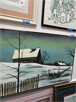 Vtg. Snowy Countryside Painting by Michaud