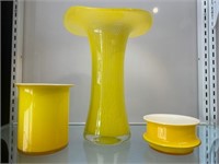3 Pcs Mid Century Yellow Art Glass