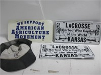 Three Metal Novelty Plates & Vtg Cap As Pictured