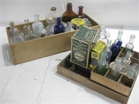 Assorted Vintage Bottles & Wood Crates Tallest 7"