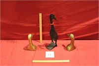 Cast Iron Goose Door Stop & 2 Brass Duck Bookends