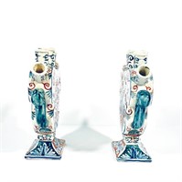 Two Delft Heart Shaped Polychrome Tulip Vases