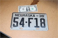 Vintage 1939 Nebraska License Plate