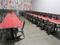 6 RED 6-TOP RETRO TABLES & APPROX. 36 METAL CHAIRS