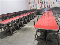 6 RED 6-TOP RETRO TABLES & APPROX. 36 METAL CHAIRS