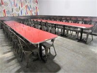 6 RED 6-TOP RETRO TABLES & APPROX. 32 METAL CHAIRS