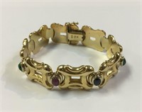 14K Gold Ruby Emerald Sapphire Cabochon Bracelet