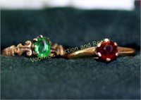2 - 10k yellow gold rings, 1 w/red stone, other