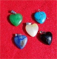 5 Gem Stone Heart Pendants Assorted 3/4" X 3/"