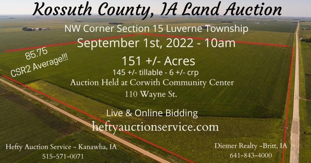Kossuth County Land Auction Sept 1st at 10am