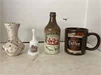 Misc lot. Incl vase, bell, bottle, mug.