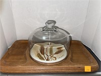 Vintage cheese board w/ glass cloche.
