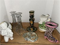 Lot of candle holders, figurine & music box.