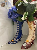 Ceramic boots 10in high. Vases w/ faux floral.
