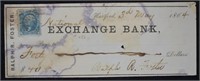 1864 Civil War Stamp On Exchange Bank Check