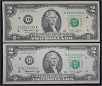1976 $2 Two Dollar Bills Set; About Uncirculated