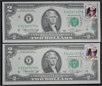 1976 $2 Seq Serial #'s W/Stamps UNC, Philatelic