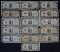 1928 Large Red Seal $2 Two Dollar Bills; 16 Pcs
