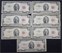 Small Red Seal $2 Two Dollar Bills; 7 Pcs