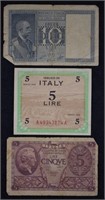 WWII Italy $5, $10 Lire Banknotes, Military Money