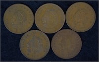 Antique Mexico Aztec King Copper Coins; 5 Pcs