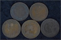 Antique Canada Copper Large Cent Coins; 5 Pcs