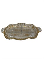 Gilded Overlay Glass Footed Handled Relish Tray
