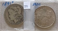 1891-O, 1900 Morgan Dollars VG, XF
