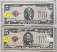 1928G $2 Red Seal Note. 1928 $5 Red Seal Note.