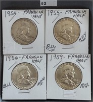 4 Franklin Half Dollars 1954, 55, 56, 59. Nice!