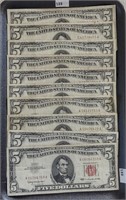 10 Red Seal $5 U.S. Notes 1953B-1963