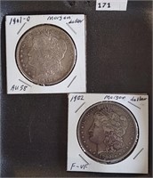 1901-O, 1902 Morgan Dollars AU58, F-VF