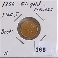 1856 $1 Gold Princess (slant 5, bent) VF