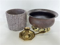 Trio of vases with gold detail and candle holder