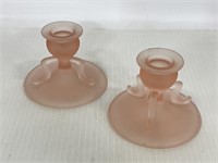 Pair of frosted pink glass candlestick holders