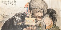 Chinese Watercolor Tibetan Old Man Signed